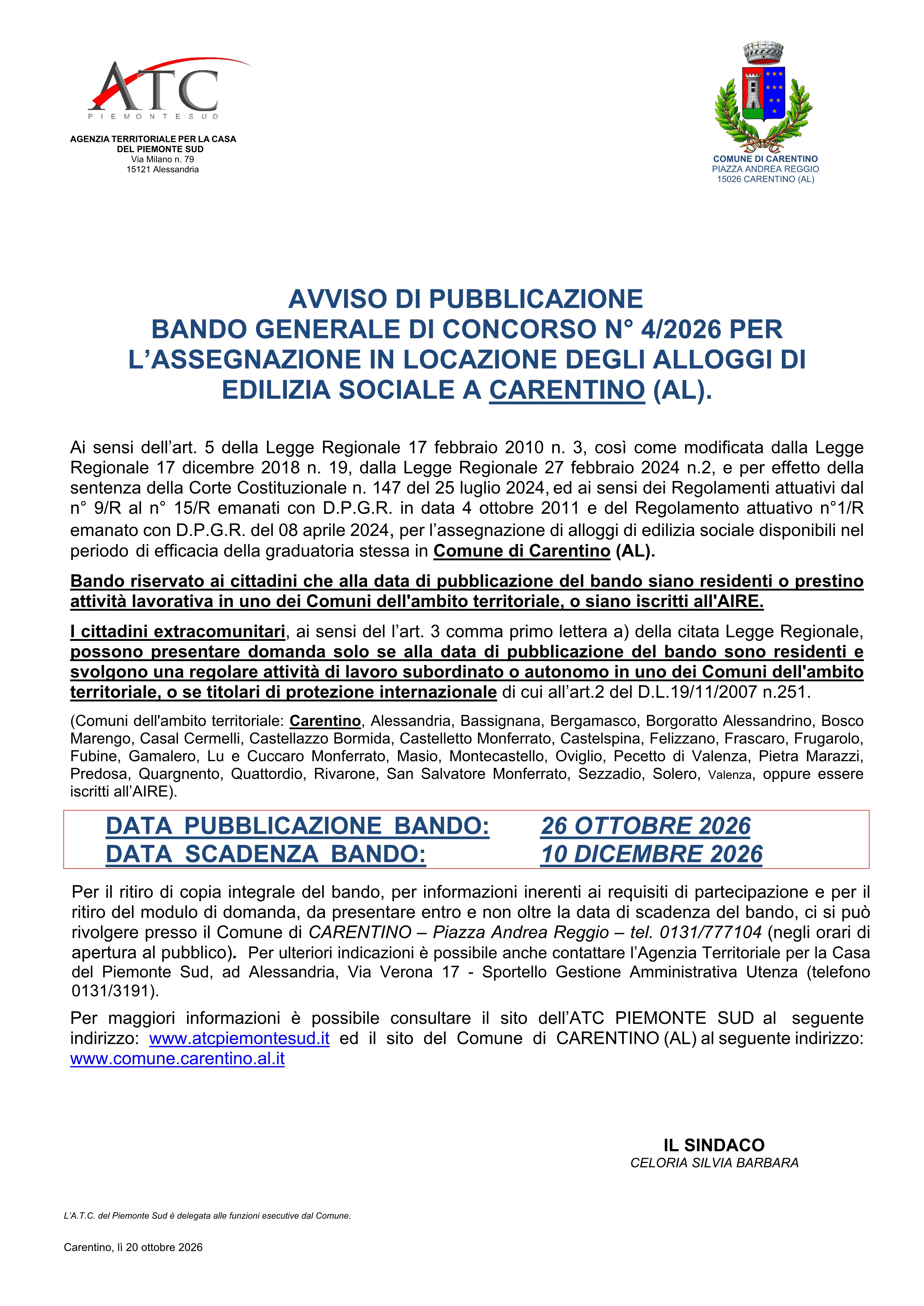 Bando generale di concorso n. 4/2026 per l'assegnazione in locazione degli alloggi di edilizia sociale a Carentino.